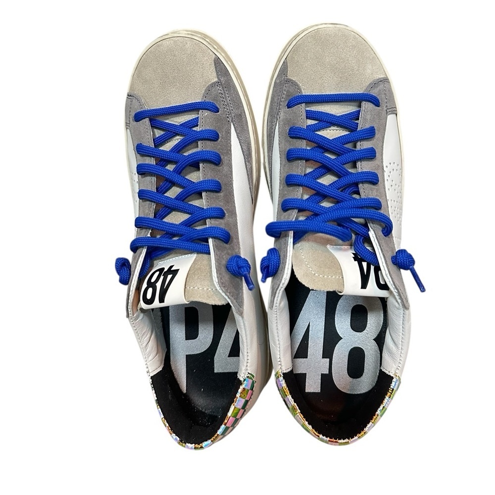 RARE P448 John white Checkered holograph iridescent blue lace 40 Sneaker - Picture 8 of 10